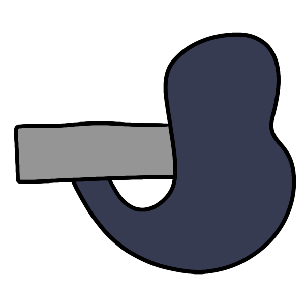 a dark blue capital letter B shaped blob coming out from under the center of a gray horizontal rectangle.